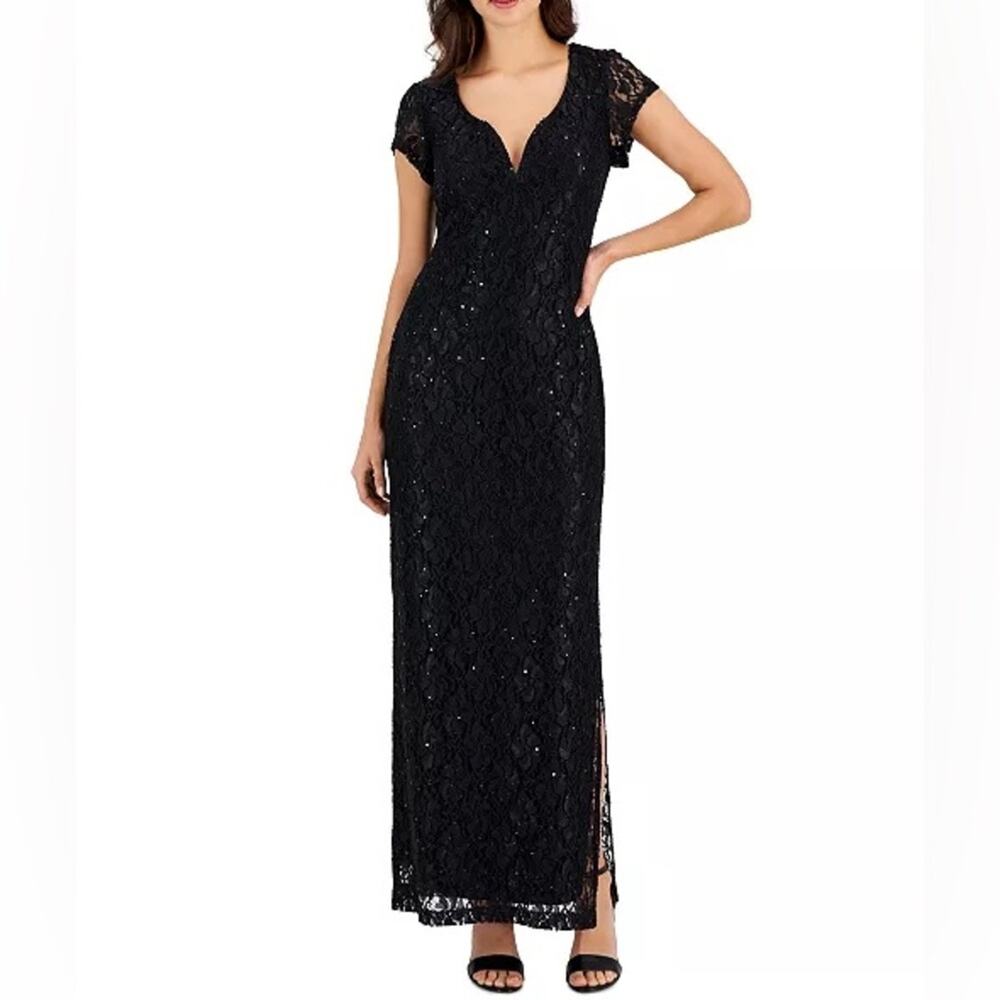 Connected Apparel Women's Sequined-Lace Maxi Dress Black Sz 6